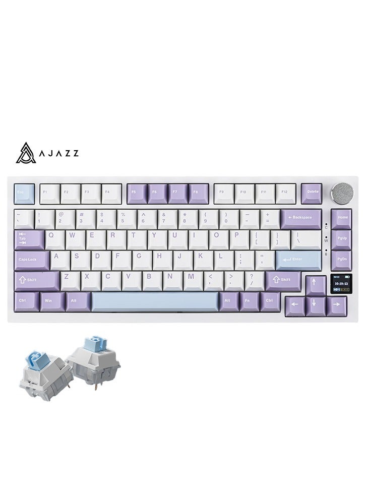 إيه جاز لوحة مفاتيح الألعاب AK820 Pro، لوحة مفاتيح ميكانيكية مثبتة بنظام جازك 75% مزودة بشاشة TFT، إضاءة RGB، 3 أوضاع (بلوتوث 5.1/2.4G لاسلكي وكابل Type-C)، رغوات عازلة للصوت (أرجواني وأبيض، مفتاح Ajazz Flying Fish) - Image 1